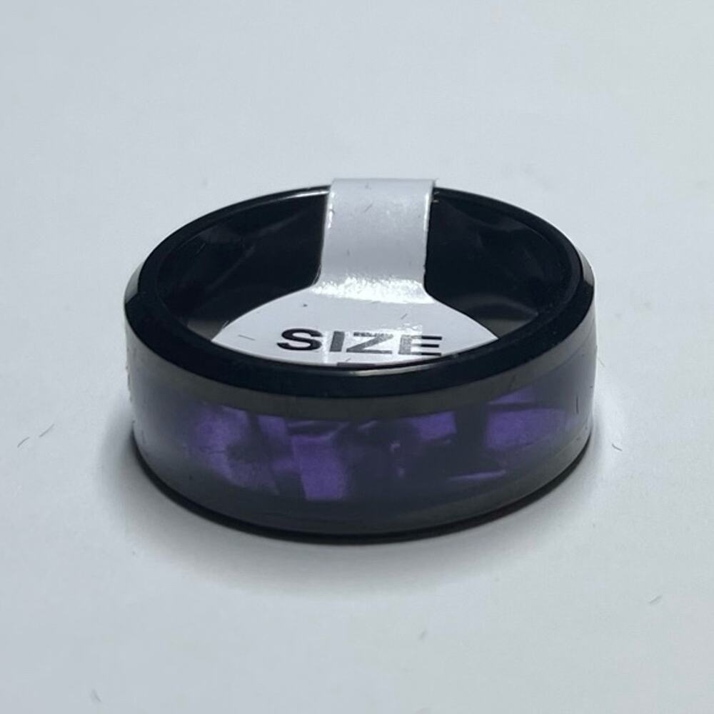 8mm Black Tungsten With Synthetic Purple Tiger Cowrie Inlay Band Ring Size 7
